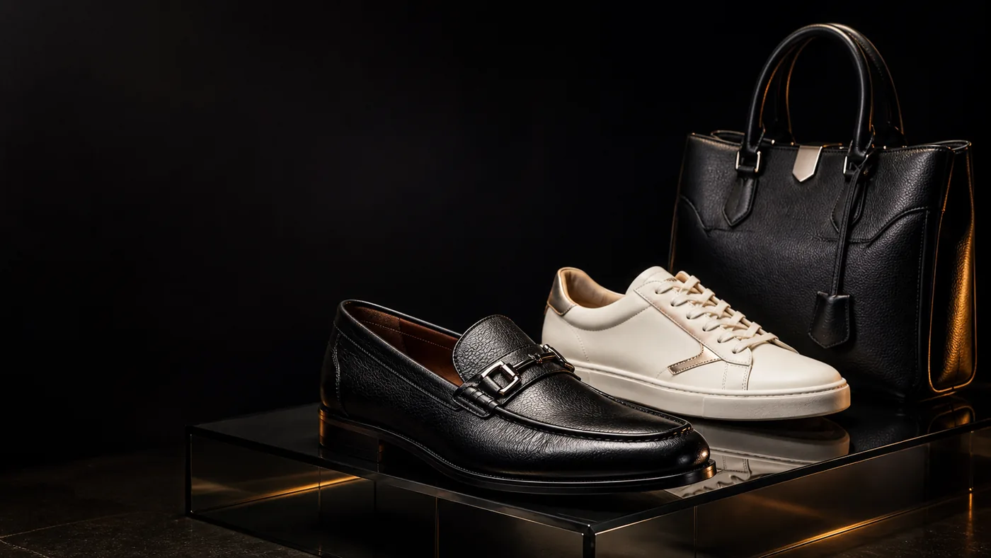 Luxury leather loafers, sneaker and handbag presented in a dark studio
